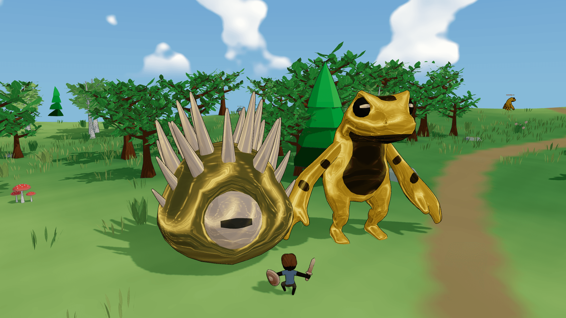 Giant Golden monsters beside a player in Wildwood