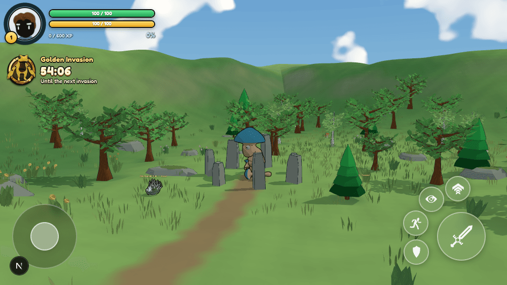 The Mushroom King standing inside a ring of stones in Wildwood with an Elite nearby